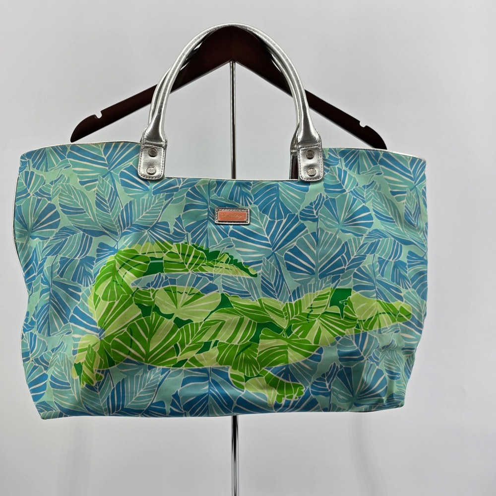Lilly Pulitzer Tote Bag Tropical Leaf Alligator Print Blue Green Silver Large